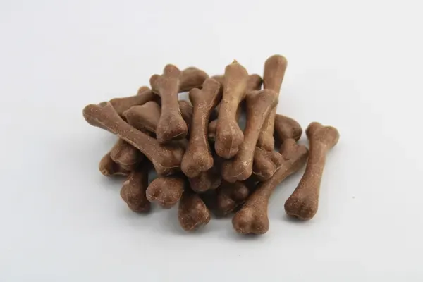 Heap of brown bone-shaped baked dog biscuits