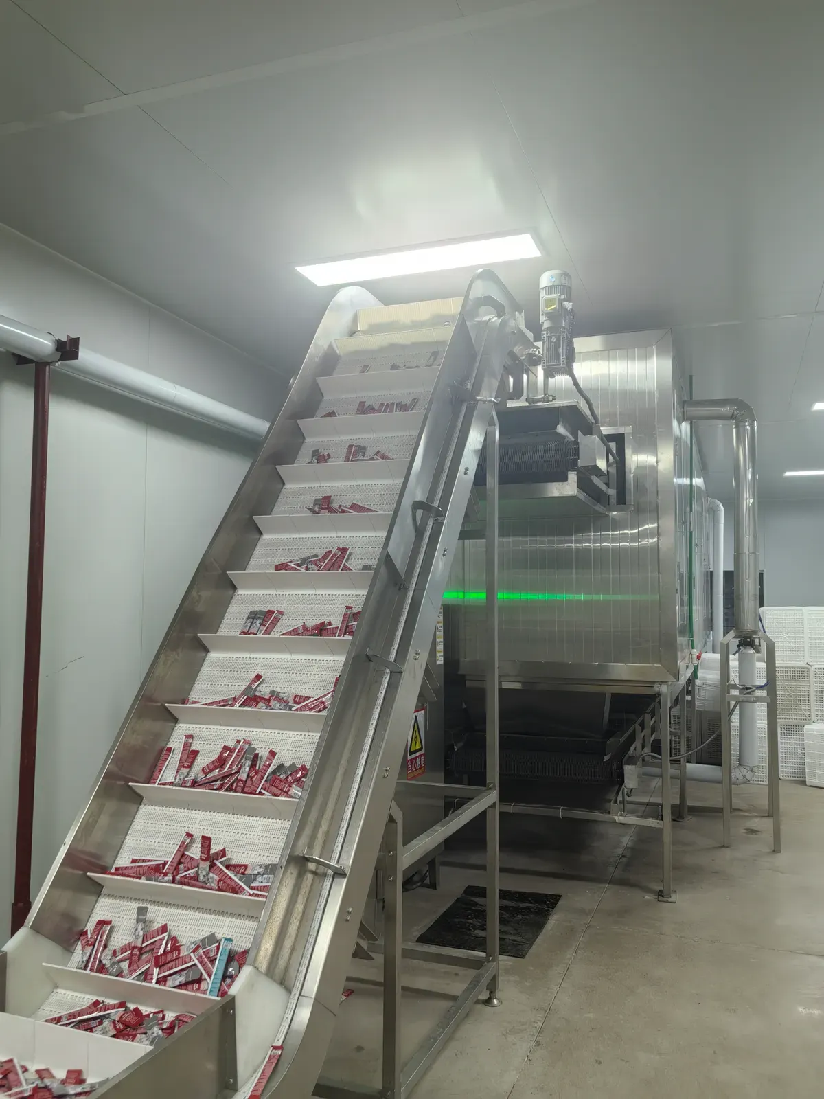 Inclined conveyor carrying packed trays up to the next process step
