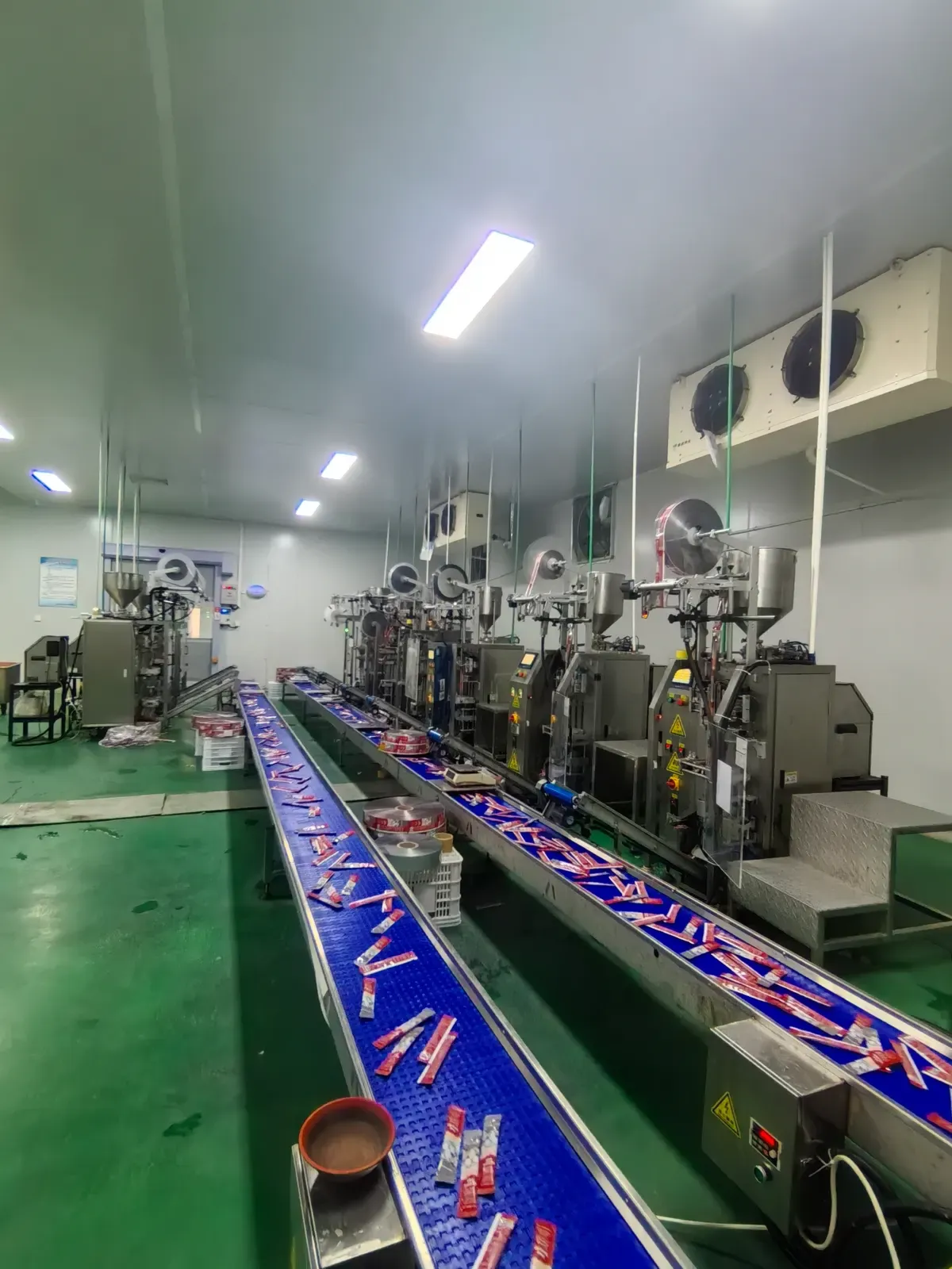 Packaging line with finished pet treat packs travelling along the conveyor
