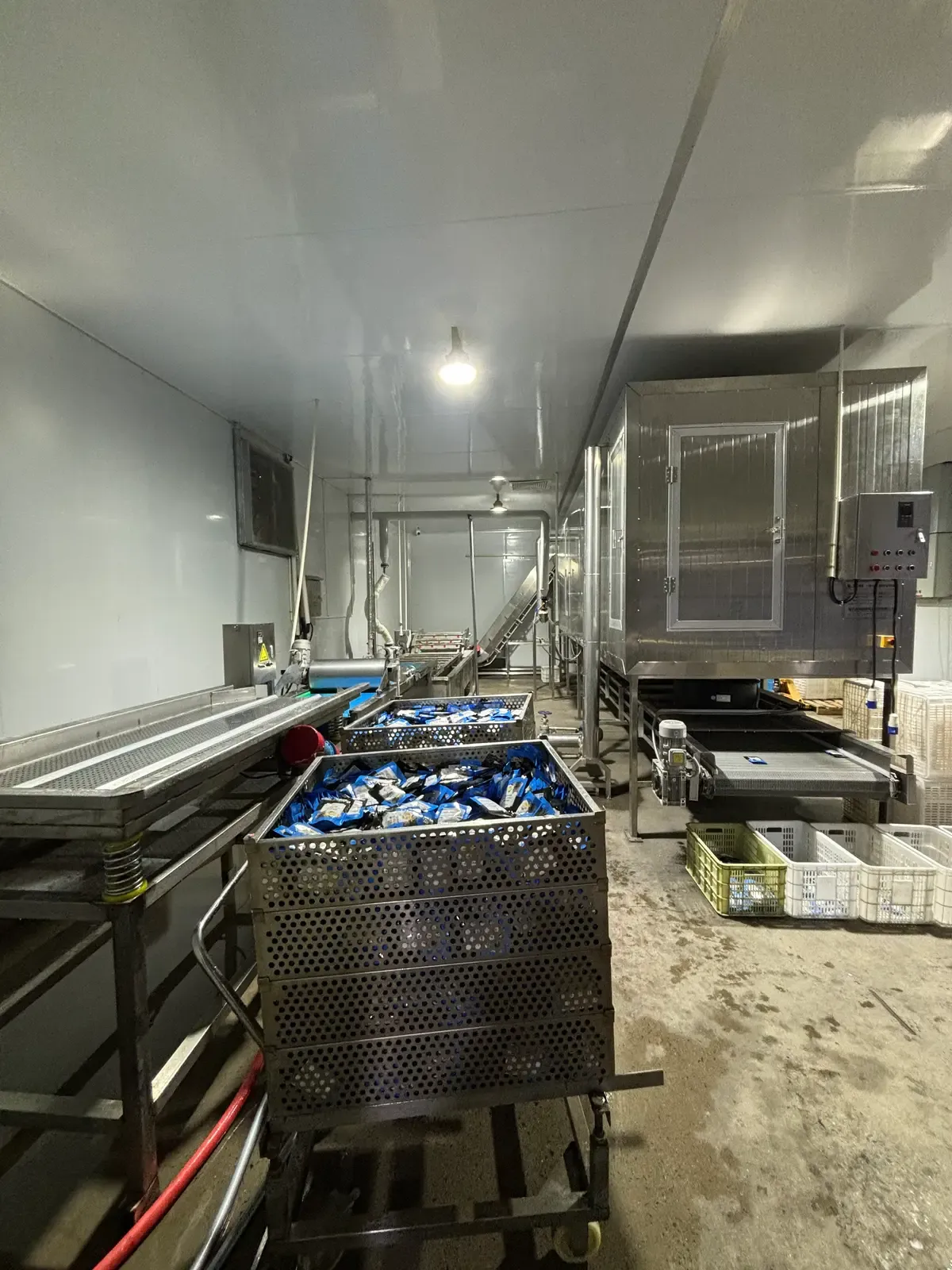 Pet sausage production line with product trays ready for processing