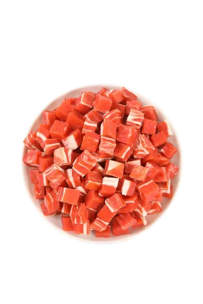 Two-tone meat and fish dice treats served in a round dish